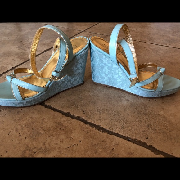 Tiffany Blue and Gold Coach Ankle Wrap Wedge Heels - Picture 4 of 5